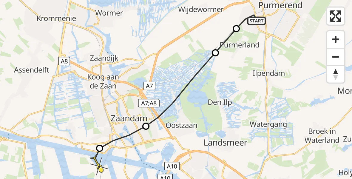 Routekaart van de vlucht: Lifeliner 1 naar Amsterdam Heliport, Spoorpad