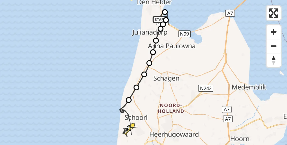 Routekaart van de vlucht: Kustwachthelikopter naar Bergen, Oostoeverweg