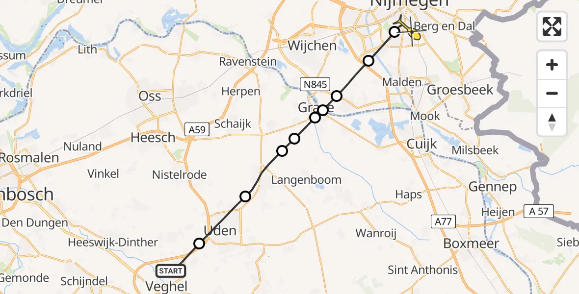 Routekaart van de vlucht: Lifeliner 3 naar Radboud Universitair Medisch Centrum, Turfven