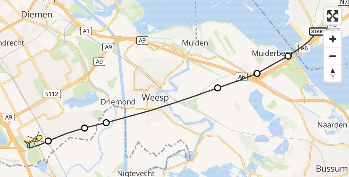 Routekaart van de vlucht: Lifeliner 1 naar Academisch Medisch Centrum (AMC), Elementendreef