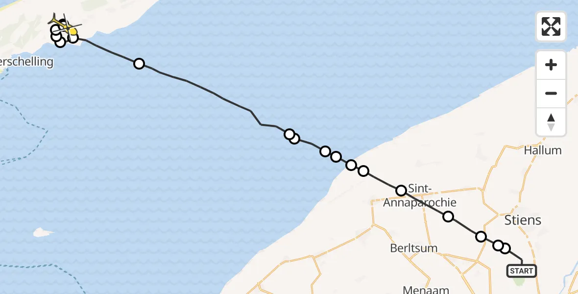 Routekaart van de vlucht: Ambulancehelikopter naar Baaiduinen, Koarnjumer Feart