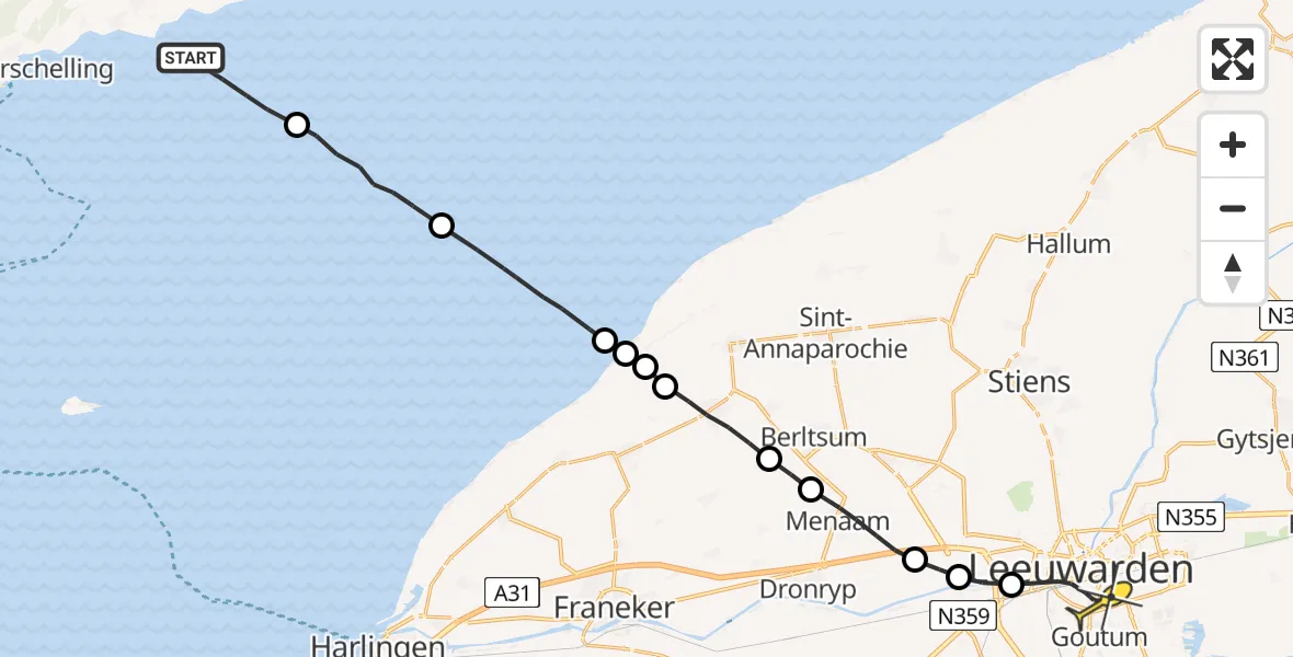 Routekaart van de vlucht: Ambulancehelikopter naar Leeuwarden, Borniastraat