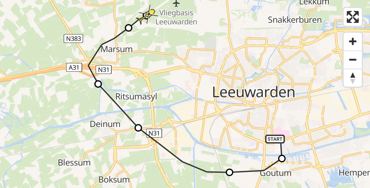 Vluchtroute Ambulancehelikopter van Leeuwarden naar Vliegbasis Leeuwarden