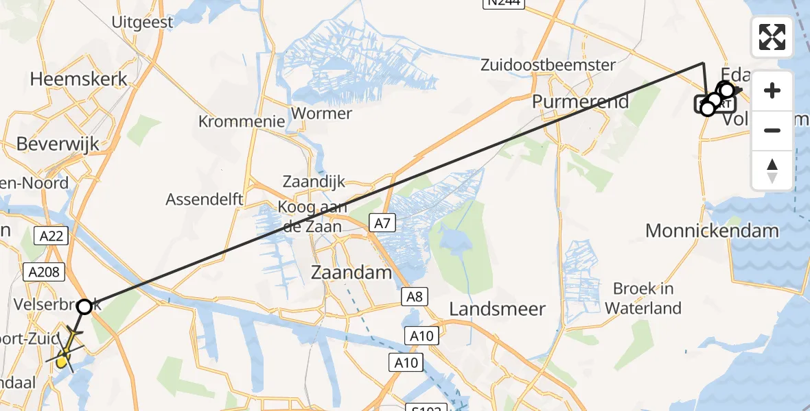 Routekaart van de vlucht: Politieheli naar Spaarndam gem. Haarlem, Monnickendammerjaagweg