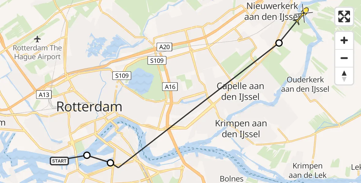 Routekaart van de vlucht: Politiehelikopter naar Nieuwerkerk aan den IJssel, Nieuwe Maas