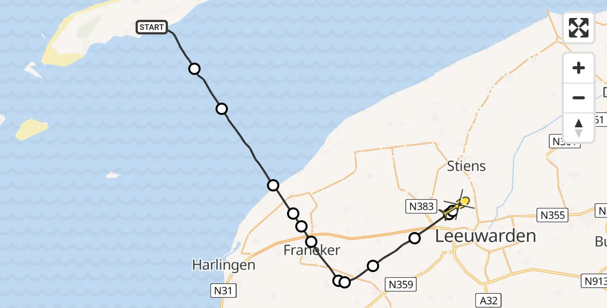Routekaart van de vlucht: Ambulanceheli naar Vliegbasis Leeuwarden, Formerumer Wiel