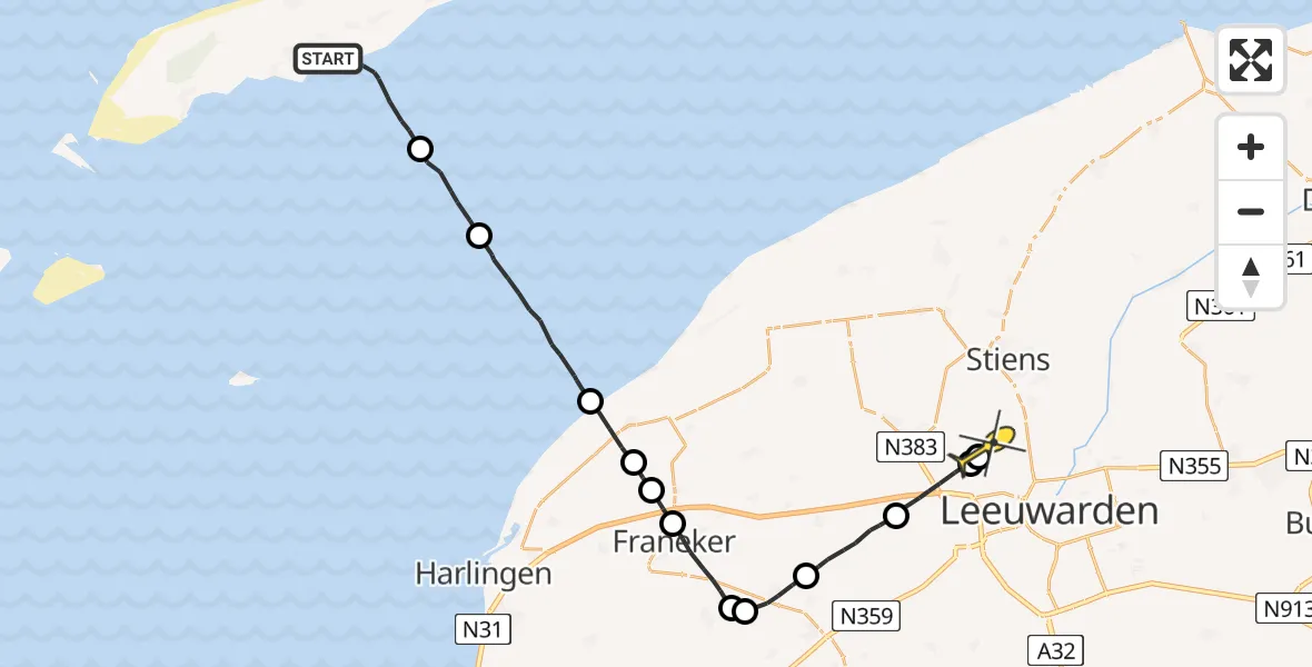 Routekaart van de vlucht: Ambulancehelikopter naar Vliegbasis Leeuwarden, Formerumer Wiel