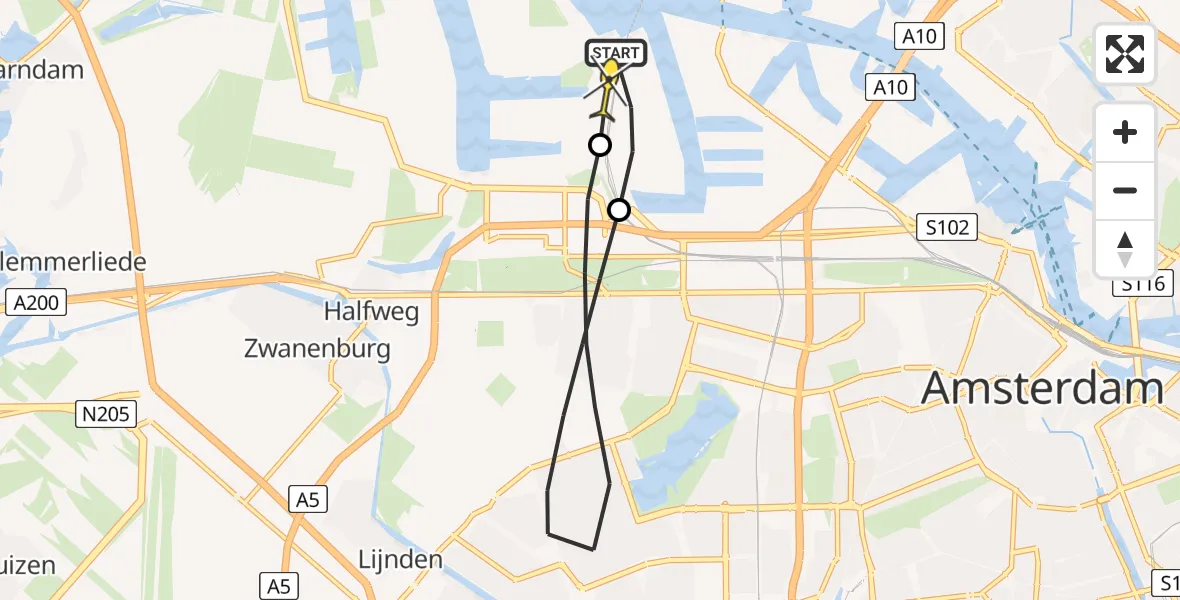 Routekaart van de vlucht: Lifeliner 1 naar Amsterdam Heliport, Corsicaweg