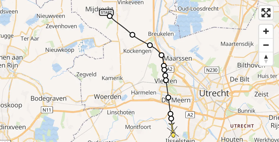 Routekaart van de vlucht: Politieheli naar IJsselstein, Burgemeester Padmosweg