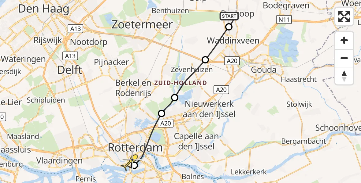 Routekaart van de vlucht: Lifeliner 2 naar Erasmus MC, Noordeinde