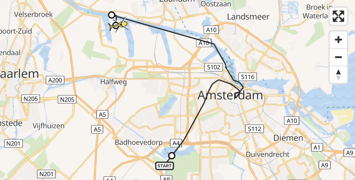 Routekaart van de vlucht: Politieheli naar Amsterdam, Riekerweg