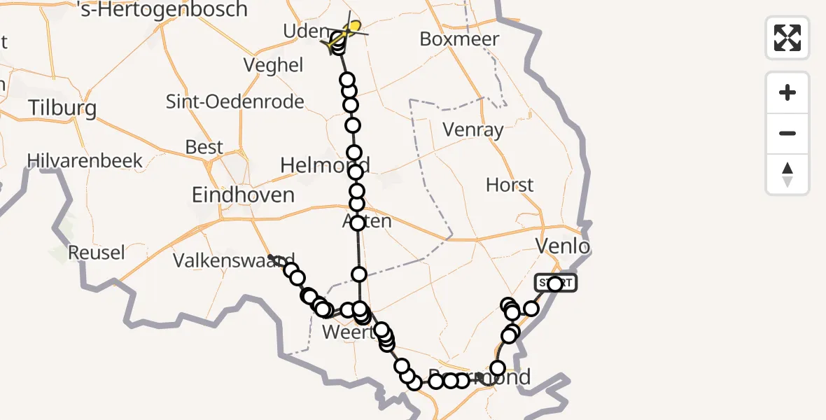 Routekaart van de vlucht: Politieheli naar Vliegbasis Volkel, 2e Brachterweg