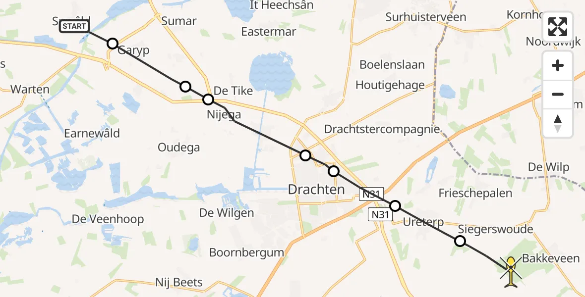 Routekaart van de vlucht: Ambulancehelikopter naar Bakkeveen, Rûnwei Garyp