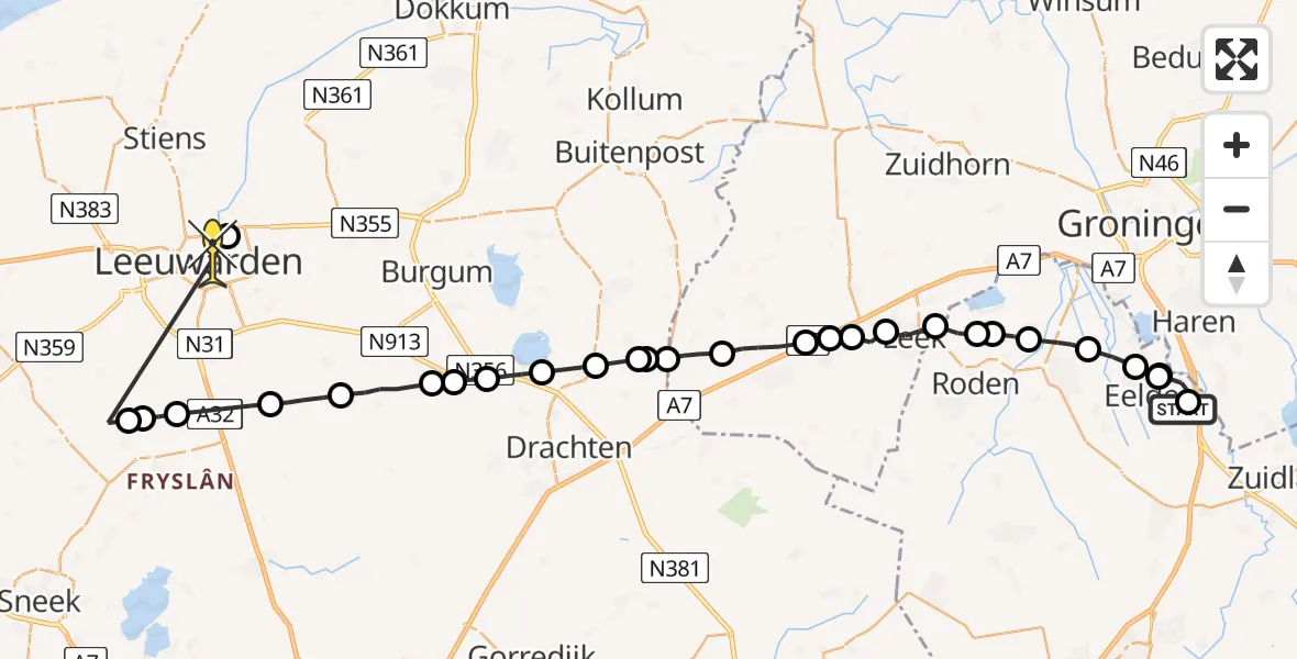Routekaart van de vlucht: Ambulanceheli naar Leeuwarden, Vosbergerlaan