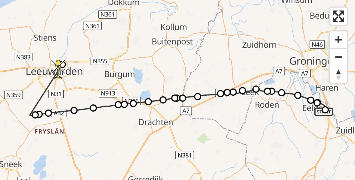 Routekaart van de vlucht: Ambulancehelikopter naar Leeuwarden, Vosbergerlaan