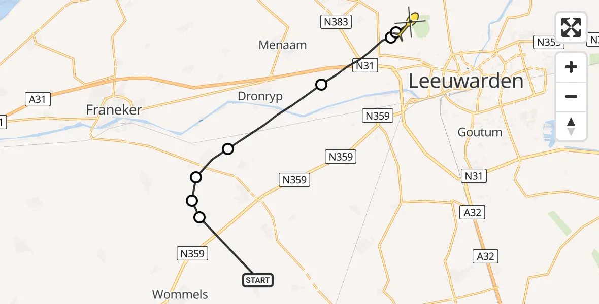 Routekaart van de vlucht: Ambulanceheli naar Vliegbasis Leeuwarden, Tsjerkebuorren