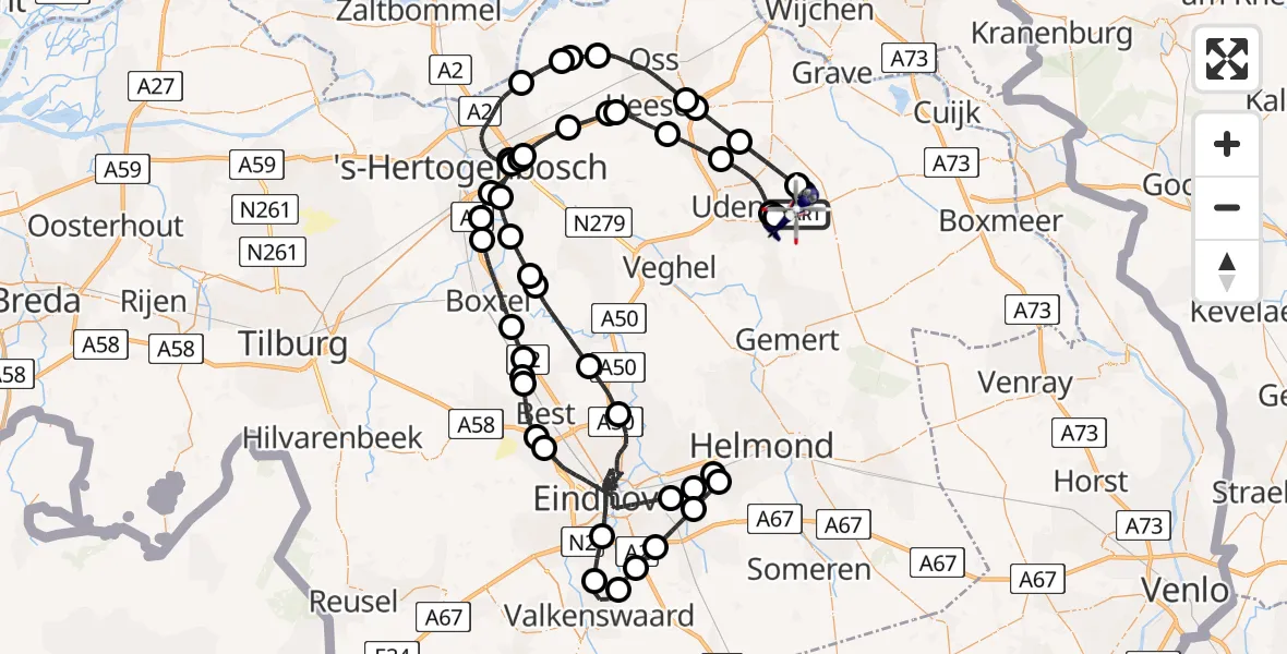 Vluchtroute Politiehelikopter van Vliegbasis Volkel naar Vliegbasis Volkel
