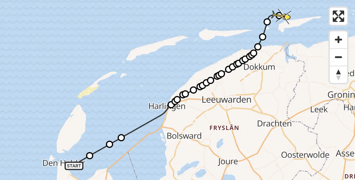 Routekaart van de vlucht: Kustwachthelikopter naar Schiermonnikoog