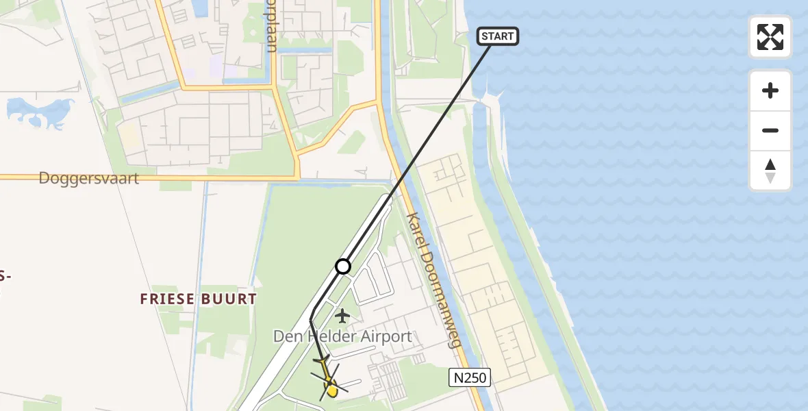 Routekaart van de vlucht: Kustwachthelikopter naar Vliegveld De Kooy, Doggersvaart