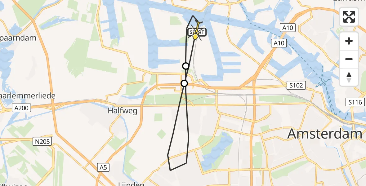 Routekaart van de vlucht: Lifeliner 1 naar Amsterdam Heliport, Nieuw-Zeelandweg