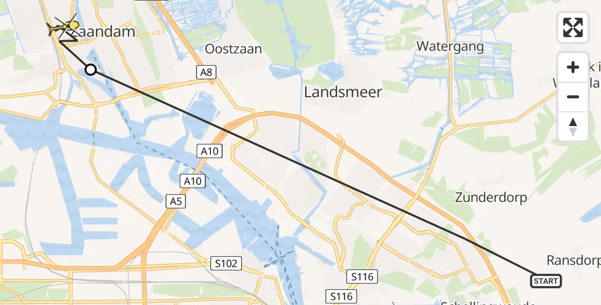 Routekaart van de vlucht: Politieheli naar Zaandam, Beetskoogstraat