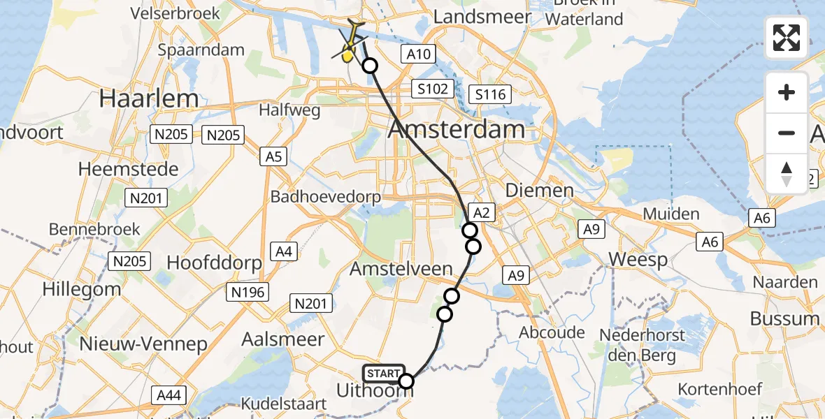 Routekaart van de vlucht: Lifeliner 1 naar Amsterdam Heliport, Nicolaas Maesstraat