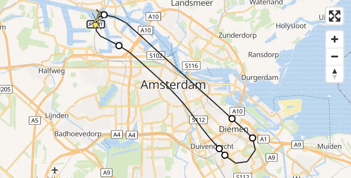 Routekaart van de vlucht: Lifeliner 1 naar Amsterdam Heliport, Westhaven