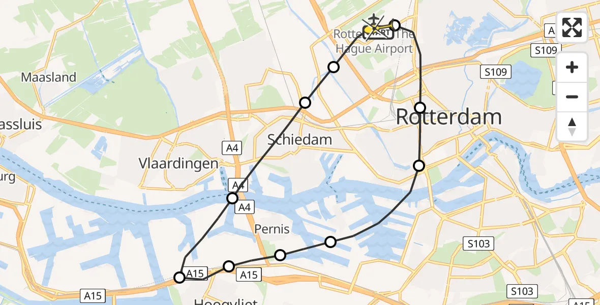 Routekaart van de vlucht: Lifeliner 2 naar Rotterdam The Hague Airport, 2e Plaszichtbrug