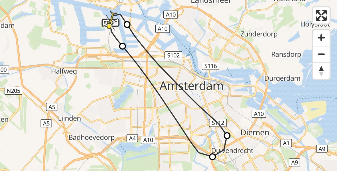 Routekaart van de vlucht: Lifeliner 1 naar Amsterdam Heliport, Corsicaweg