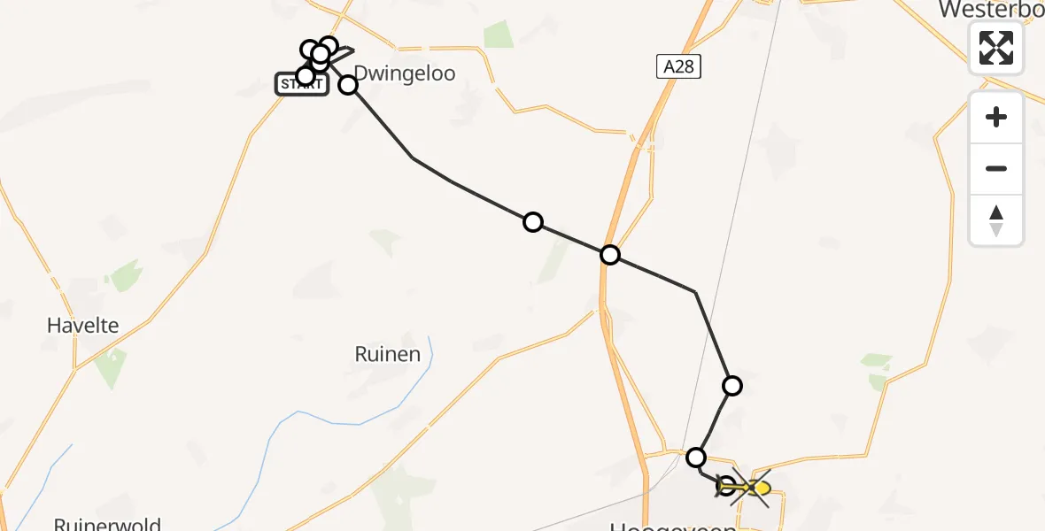 Routekaart van de vlucht: Politieheli naar Vliegveld Hoogeveen, Holtenweg