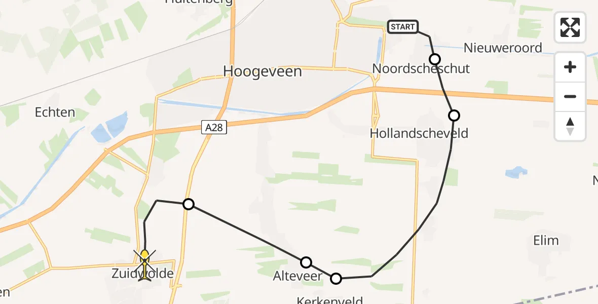Routekaart van de vlucht: Politiehelikopter naar Zuidwolde, van der Sluisweg
