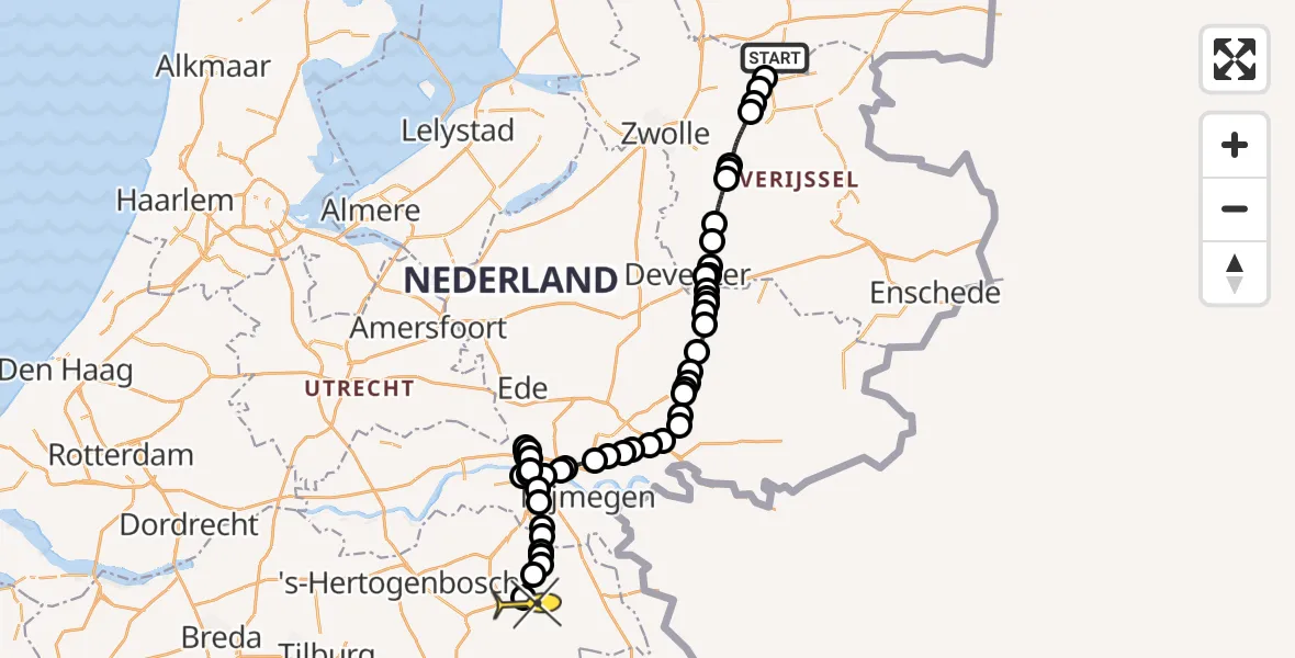 Routekaart van de vlucht: Politieheli naar Vliegbasis Volkel, Ommerweg