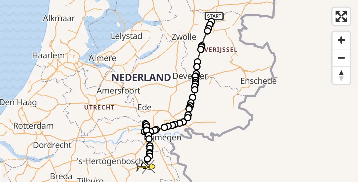 Routekaart van de vlucht: Politiehelikopter naar Vliegbasis Volkel, Ommerweg