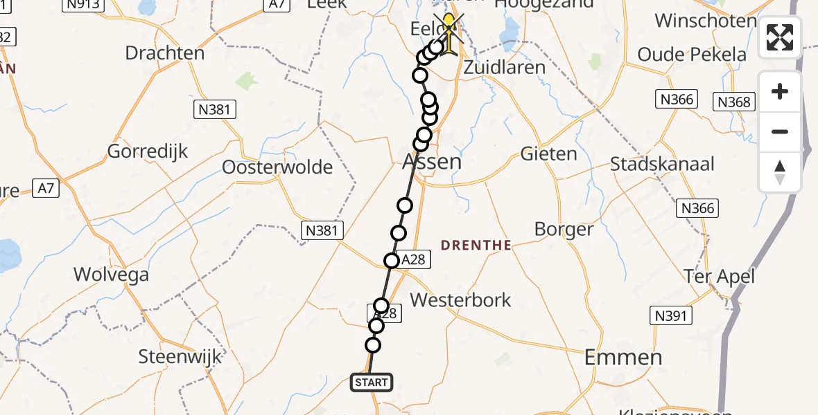 Routekaart van de vlucht: Lifeliner 4 naar Groningen Airport Eelde, De Hoorns