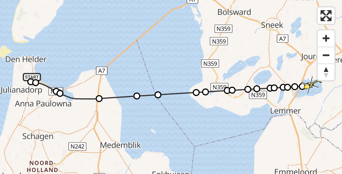 Routekaart van de vlucht: Kustwachthelikopter naar Oldeouwer, Kortevliet