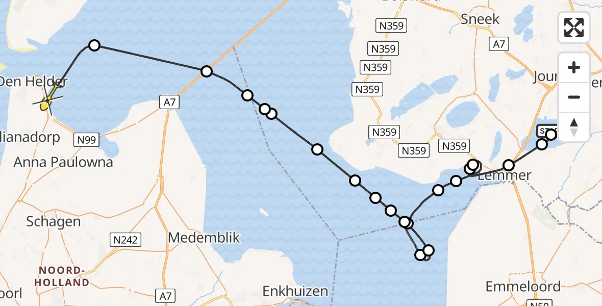 Routekaart van de vlucht: Kustwachthelikopter naar Den Helder, Tsjûkemar