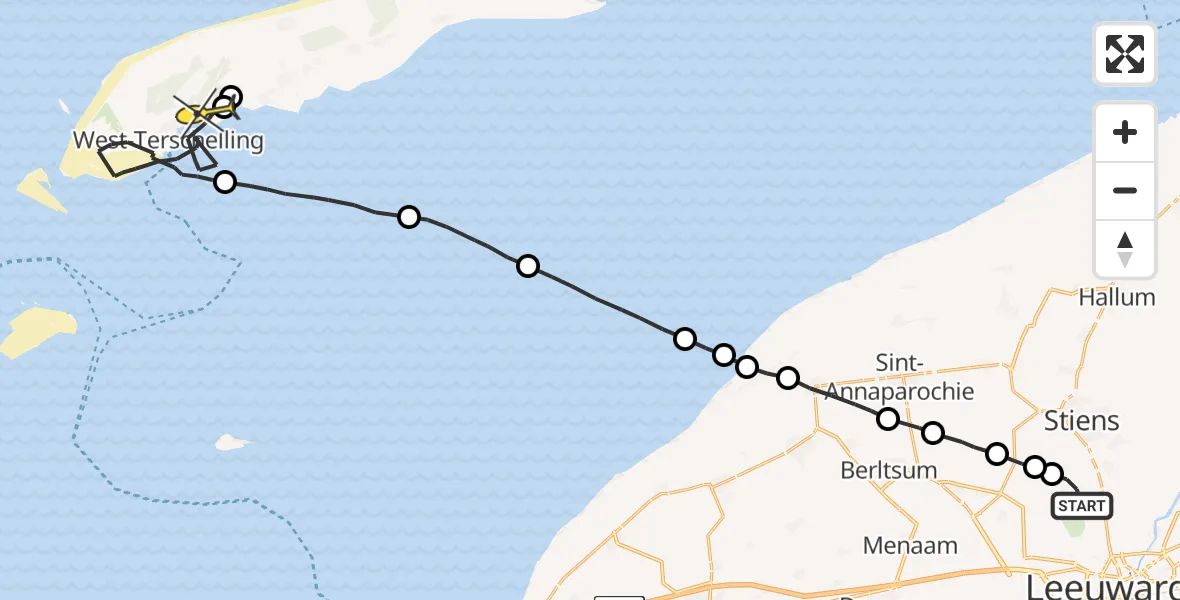 Routekaart van de vlucht: Ambulanceheli naar West-Terschelling, Westeinde