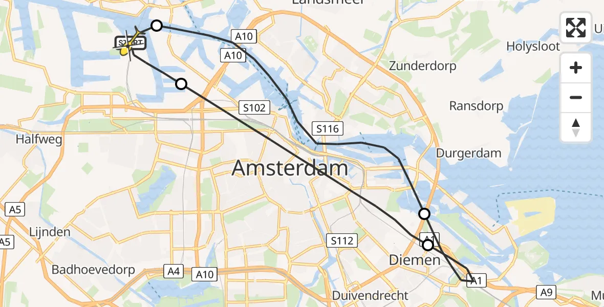 Routekaart van de vlucht: Lifeliner 1 naar Amsterdam Heliport, Maltaweg