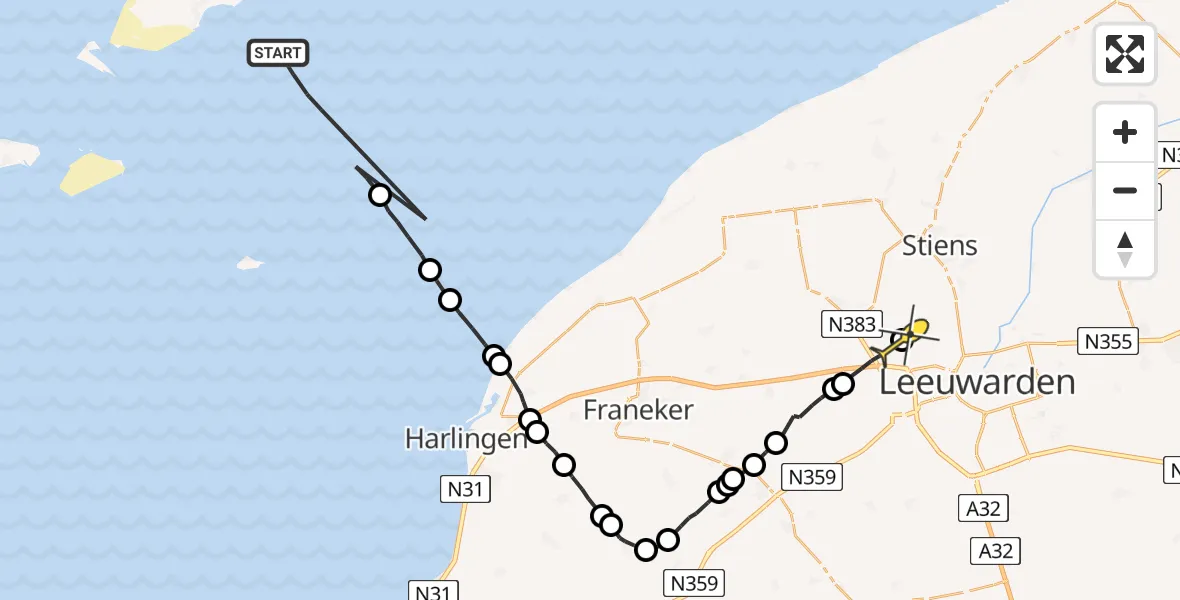 Routekaart van de vlucht: Ambulanceheli naar Leeuwarden, Barsumerpad