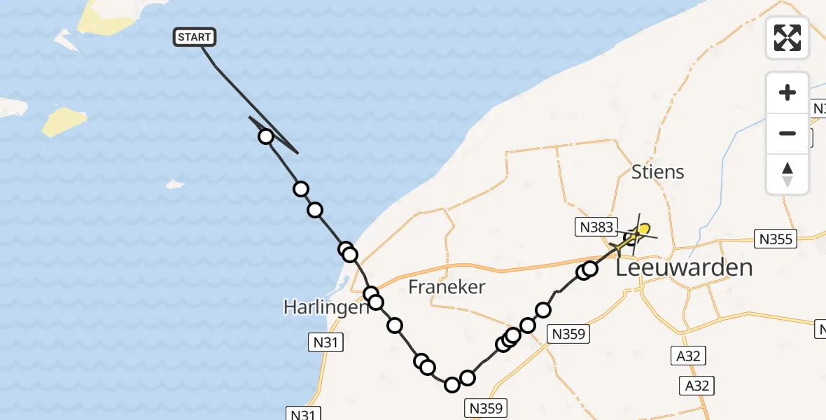 Routekaart van de vlucht: Ambulancehelikopter naar Leeuwarden, Barsumerpad