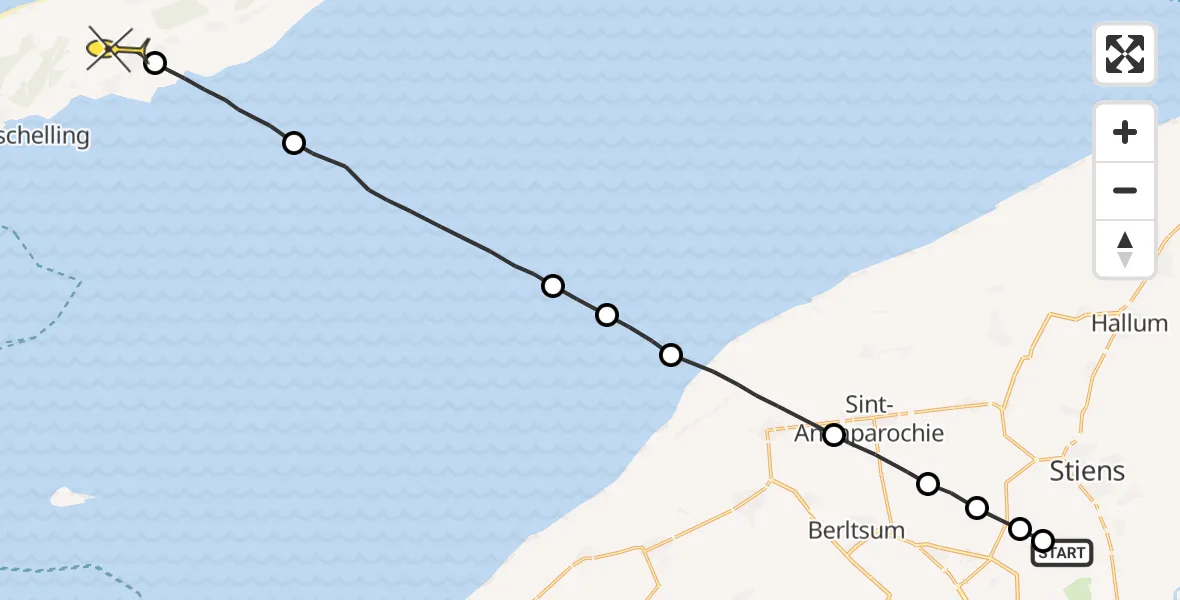 Routekaart van de vlucht: Ambulanceheli naar Midsland, Nijlânsdyk