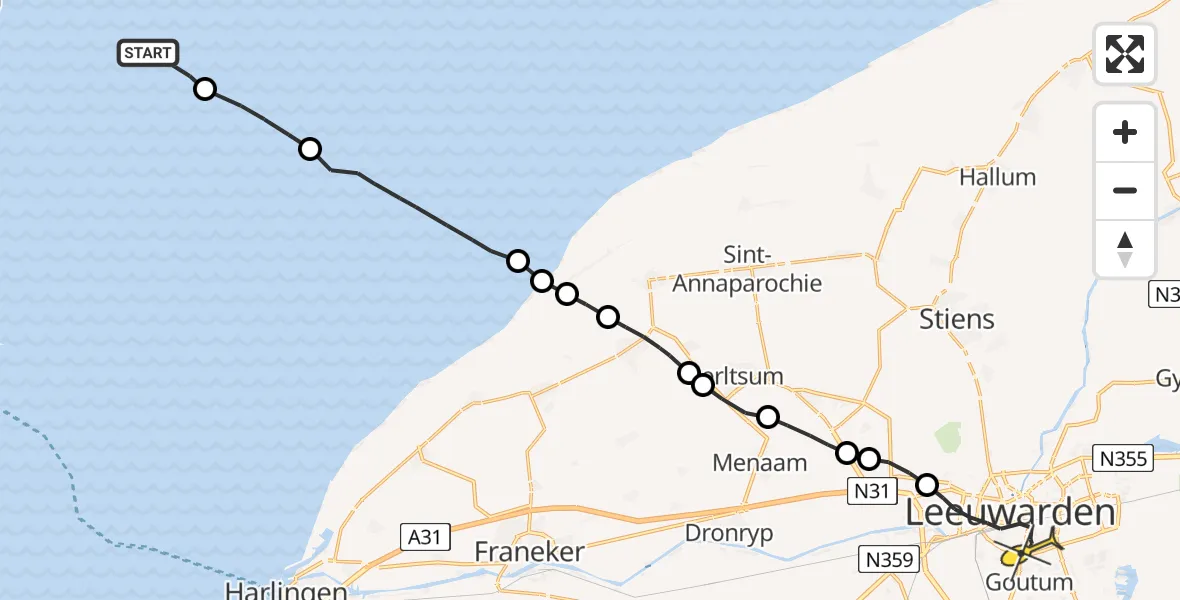 Routekaart van de vlucht: Ambulanceheli naar Leeuwarden, Oost Meep