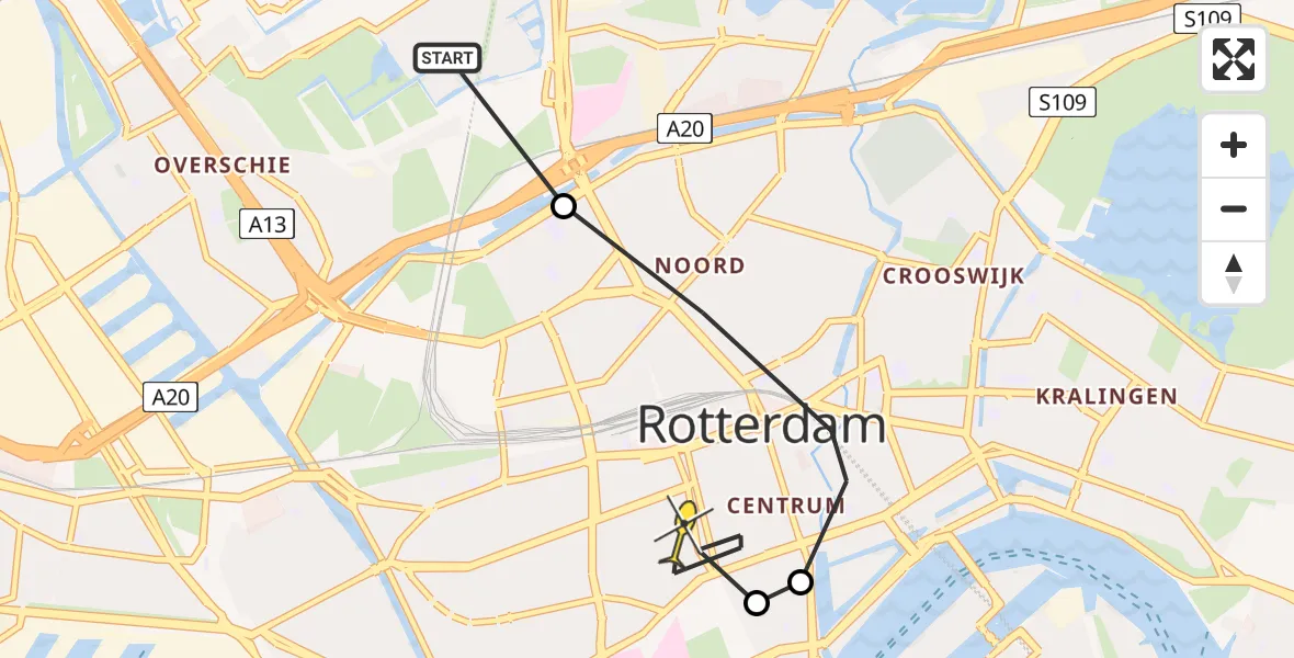 Routekaart van de vlucht: Politiehelikopter naar Erasmus MC, Gordelweg