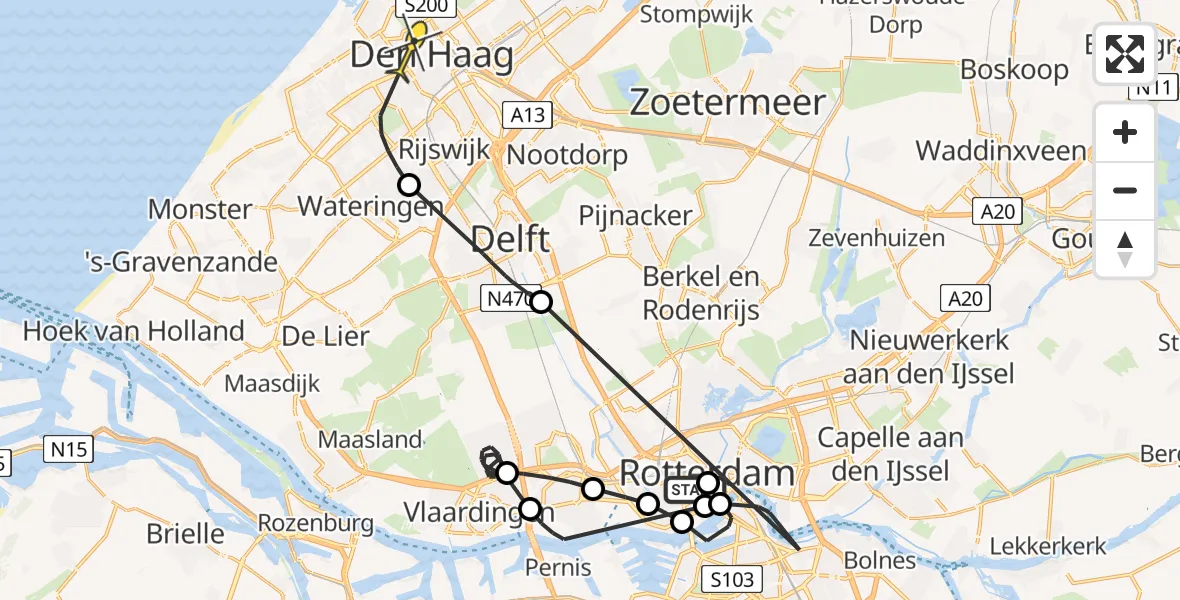 Routekaart van de vlucht: Politieheli naar Den Haag, Wilhelminaplein