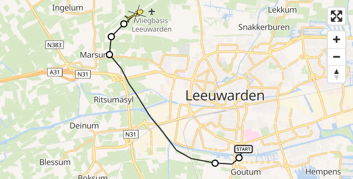 Vluchtroute Ambulancehelikopter van Leeuwarden naar Vliegbasis Leeuwarden
