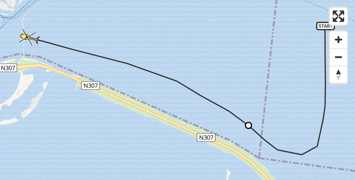 Routekaart van de vlucht: Kustwachthelikopter naar Enkhuizen, Vaarweg door het naviduct Krabbersgat