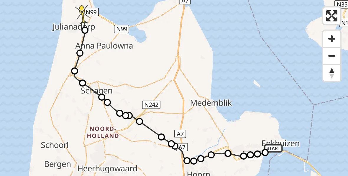 Routekaart van de vlucht: Kustwachthelikopter naar Julianadorp, Priggeweg