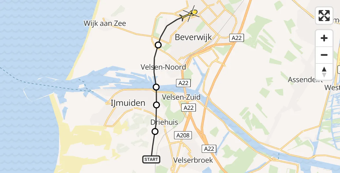 Routekaart van de vlucht: Politiehelikopter naar Beverwijk, Duin- en Kruidbergerweg