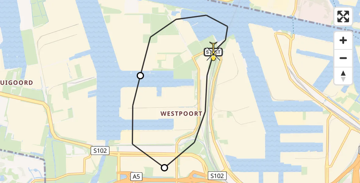 Routekaart van de vlucht: Lifeliner 1 naar Amsterdam Heliport, Nieuw-Zeelandweg