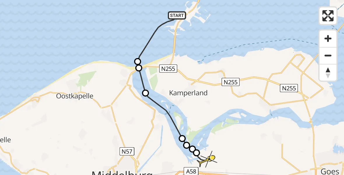 Routekaart van de vlucht: Kustwachthelikopter naar Vliegveld Midden-Zeeland, Noordelijke Pier